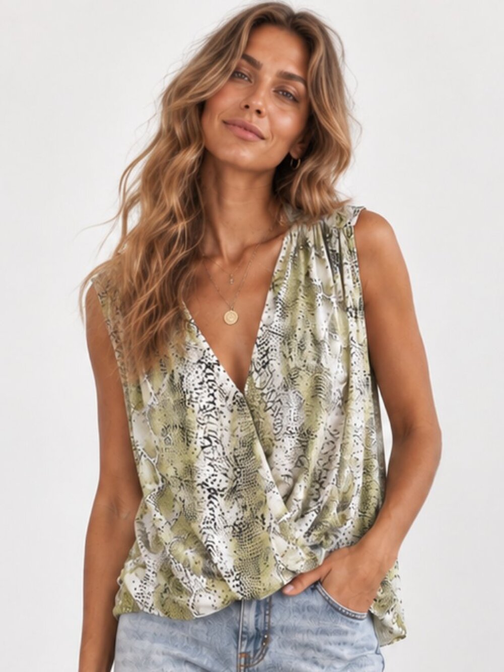 INC INTERNATIONAL CONCEPTS Lime Green Snakeskin Faux Wrap Sleeveless Blouse 10